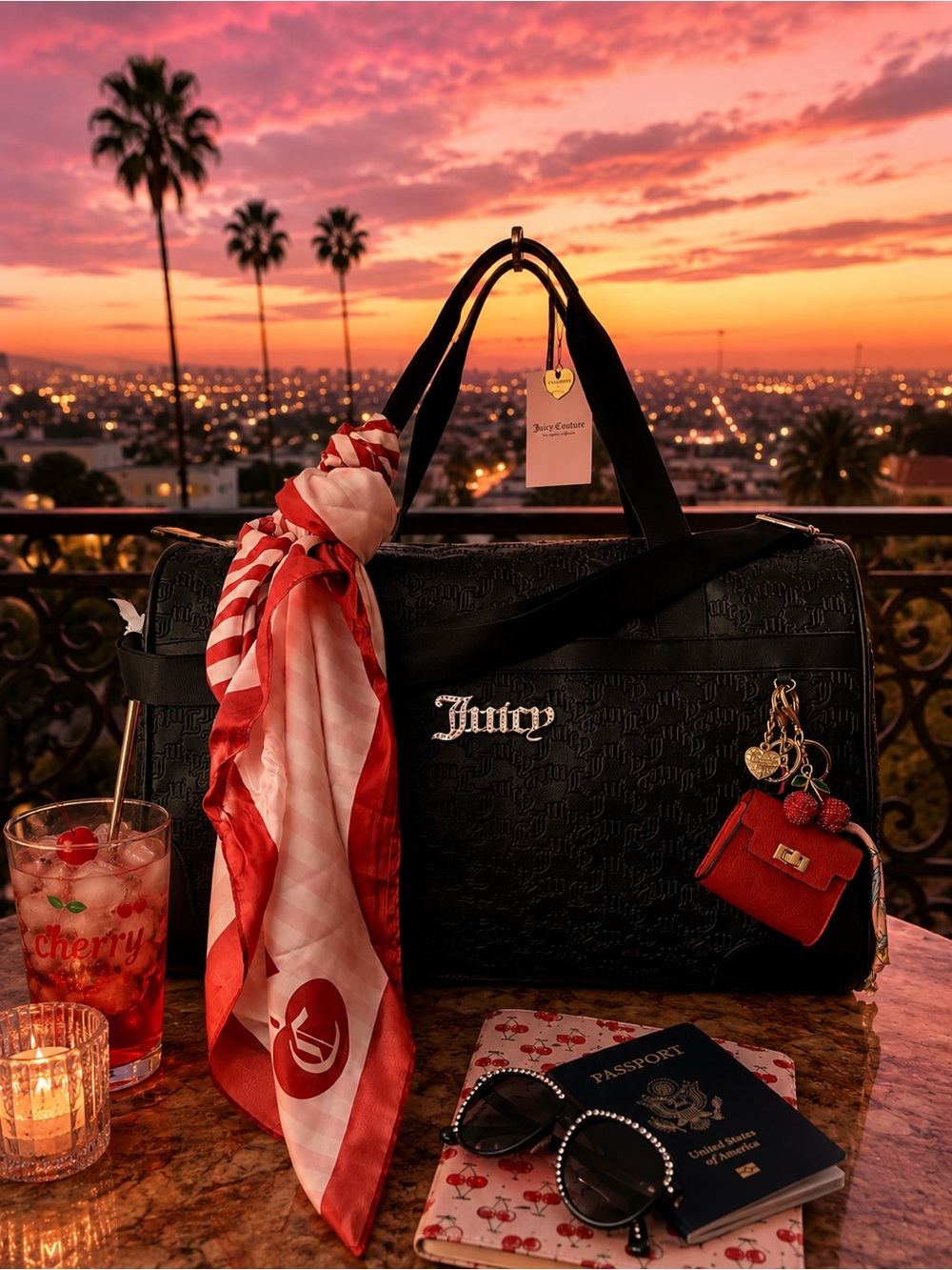 Juicy Couture Heartless Weekender Styled Set ✨mini bag+ cherry charm+JC scarf